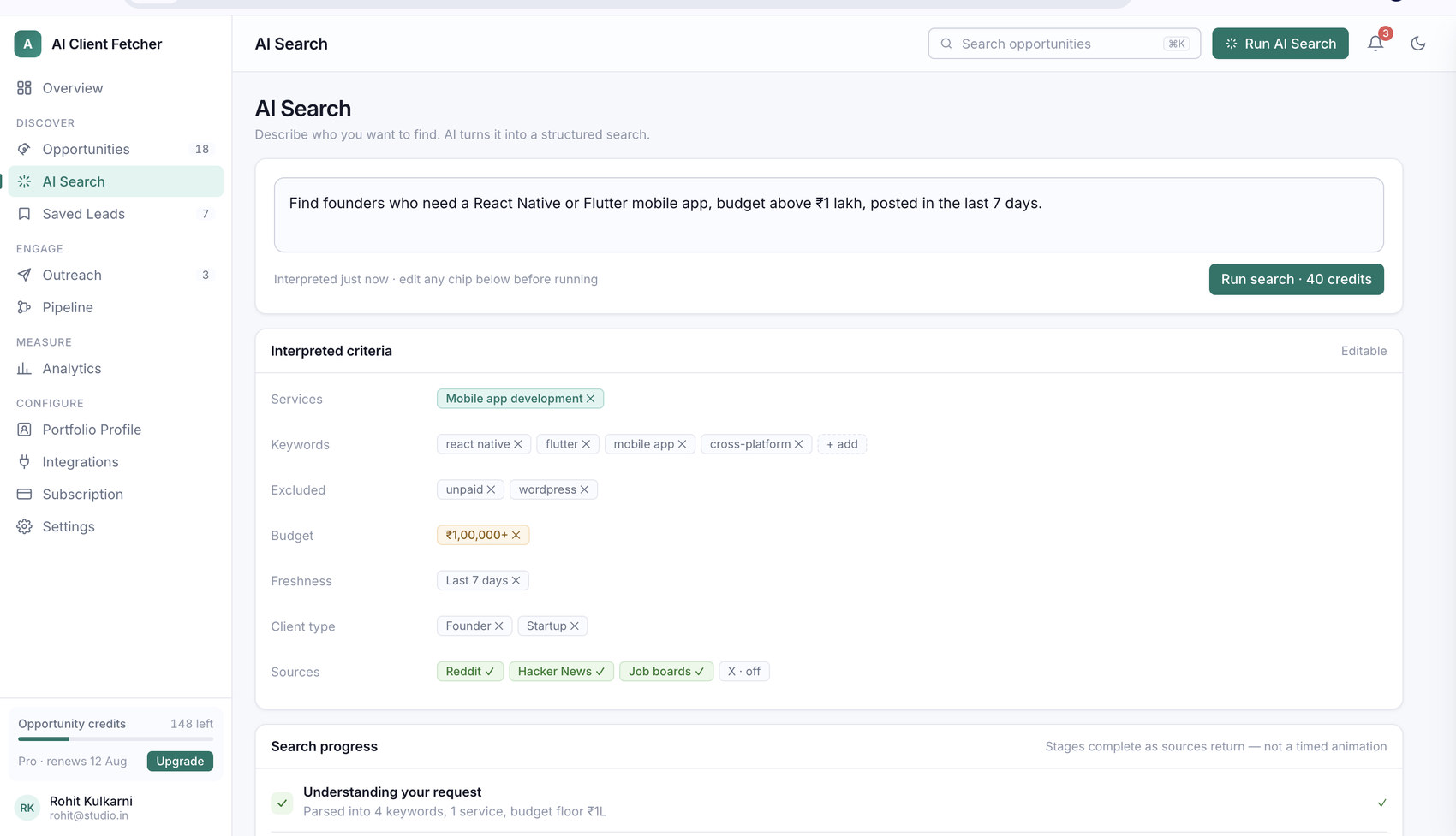 AI search — a sentence parsed into editable criteria