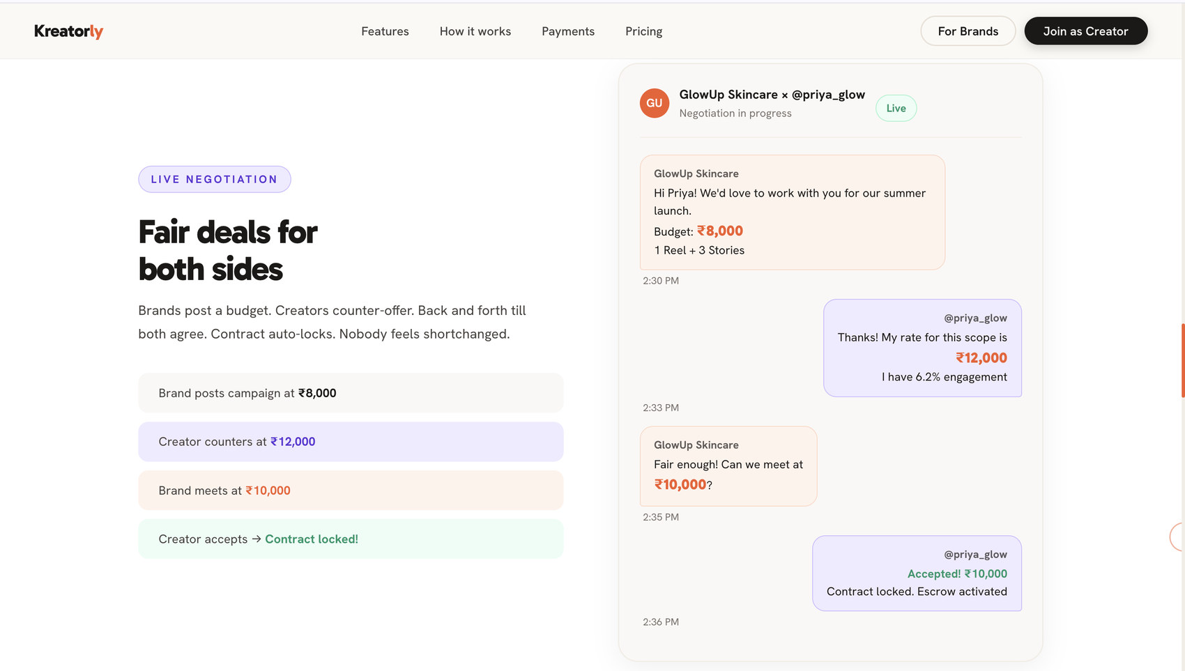 Live negotiation — counter-offers to a locked contract
