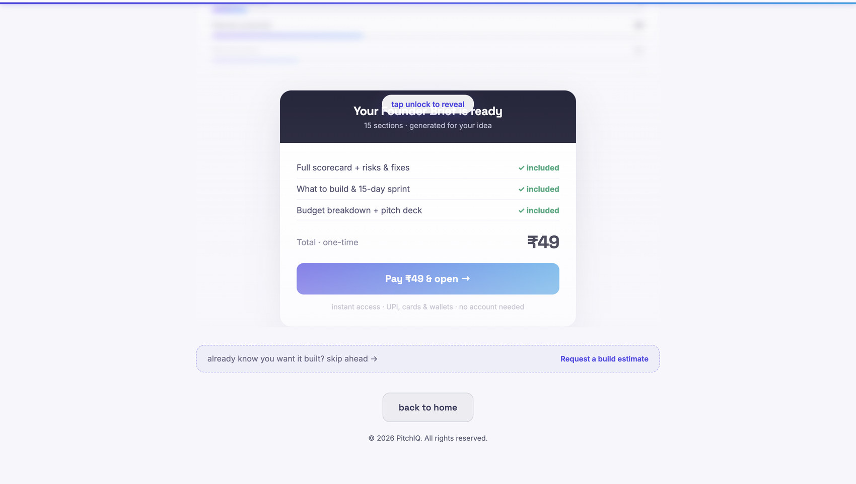 Paywall — ₹49 one-time, UPI and cards, no account
