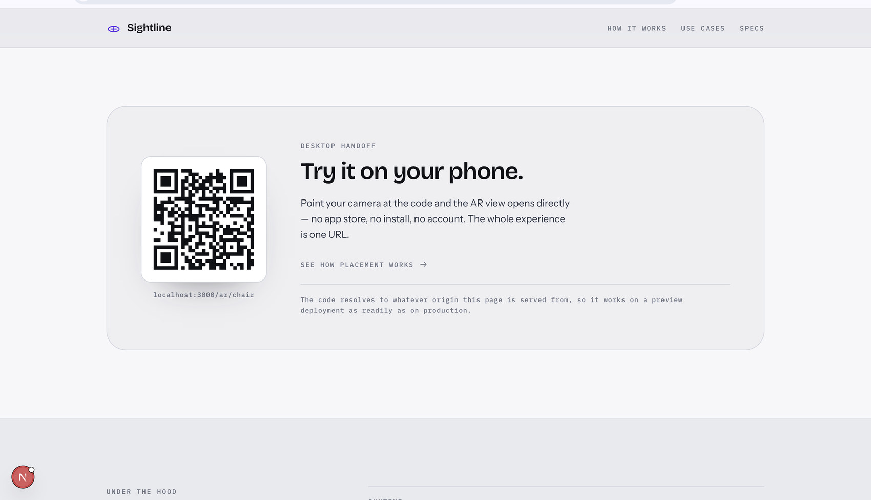 Desktop QR handoff — the whole experience is one URL