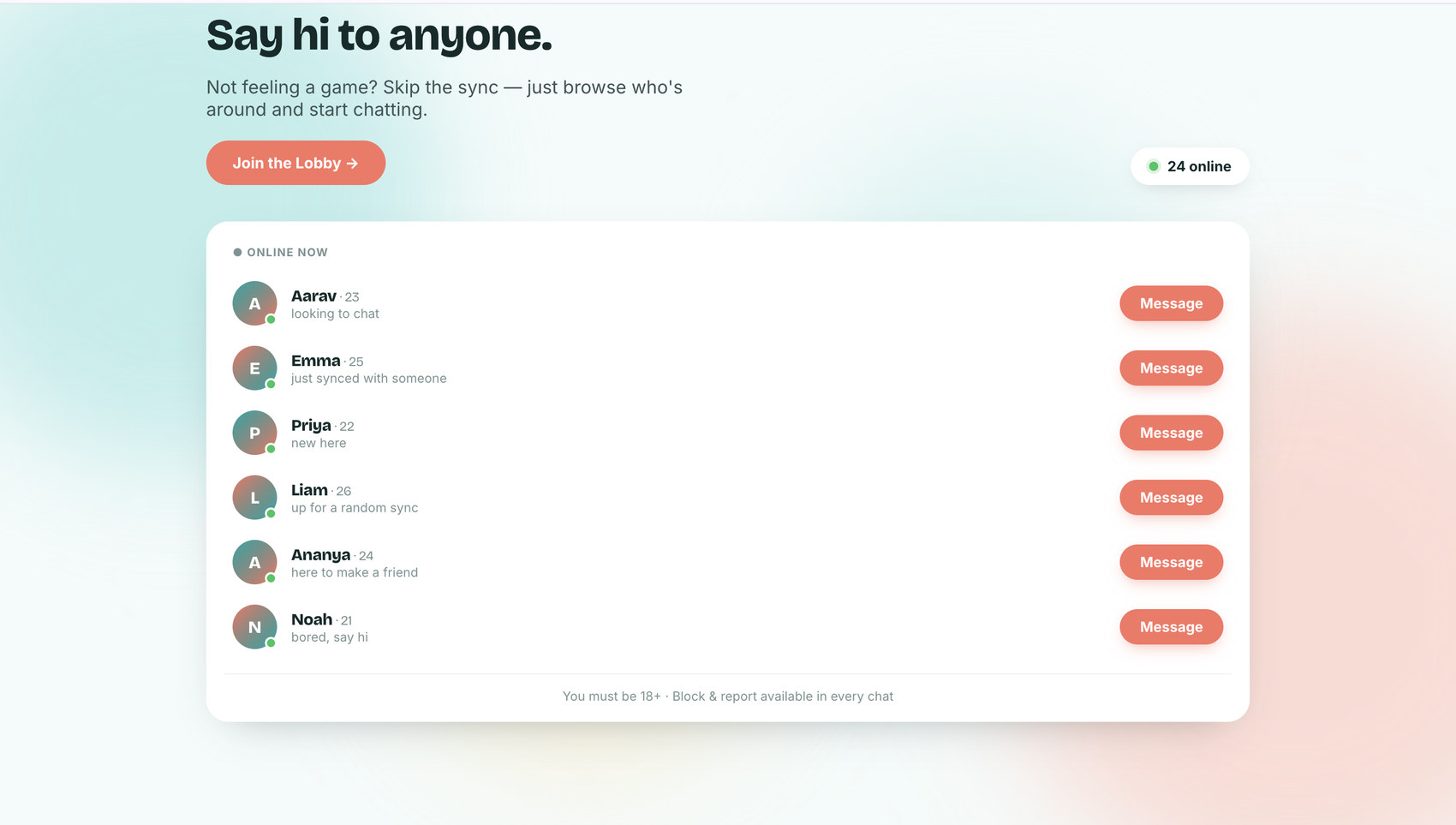 Lobby — the escape hatch for people skipping the game